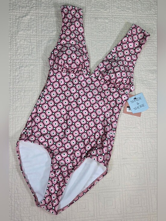 Shade & Shore Other - NWT Shade & Shore Pink Geometric Plunge Neck Tummy Control One Piece Swimsuit...
